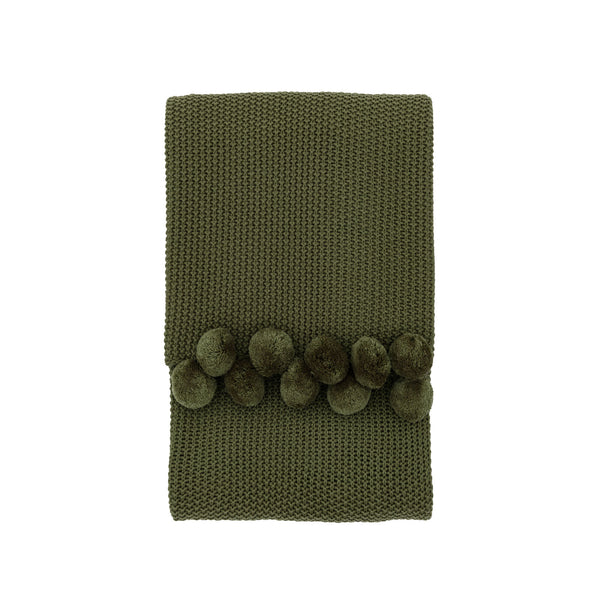 Moss Stitched Pom Pom Throw Olive