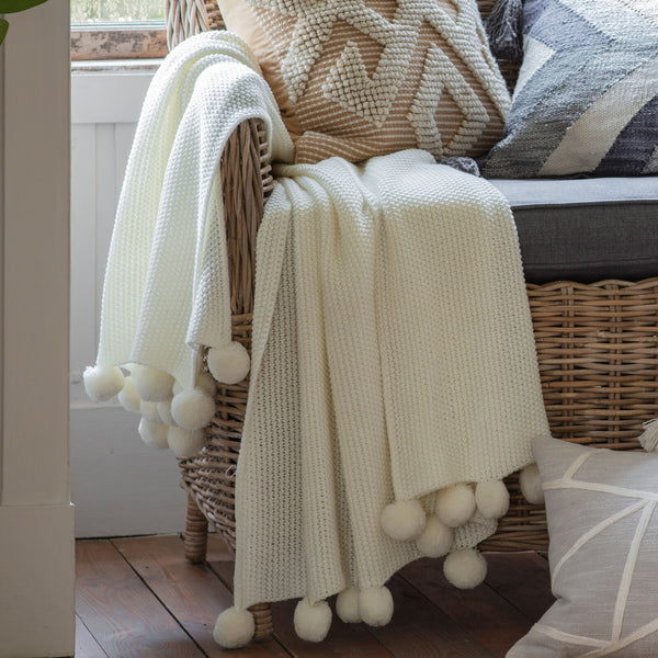 Moss Stitched Pom Pom Throw Cream