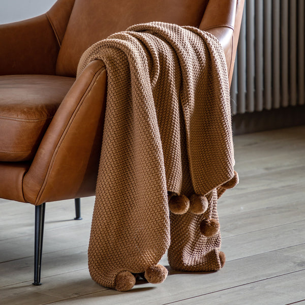 Moss Stitched Pom Pom Throw Tan